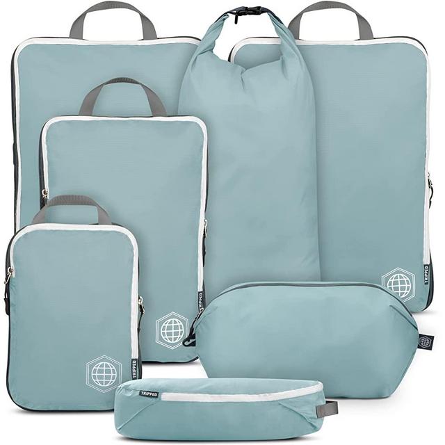 Large Packing Cubes for Travel-Extra Large Compression Packing Cube Luggage Organizers 7 Piece Set-Ultralight, Expandable/Compression Bags for Clothes by TRIPPED Travel Gear (DustyTeal/White)