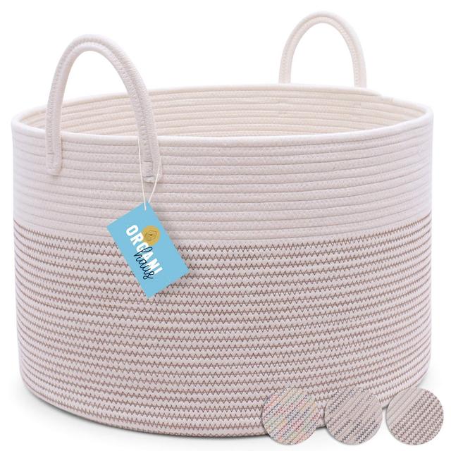 OrganiHaus Cotton Rope Basket in Brown and Off-White | Extra Large Blanket Storage Basket for Living Room with Long Handles (Wide (20x13), White w/Grey Stitches)