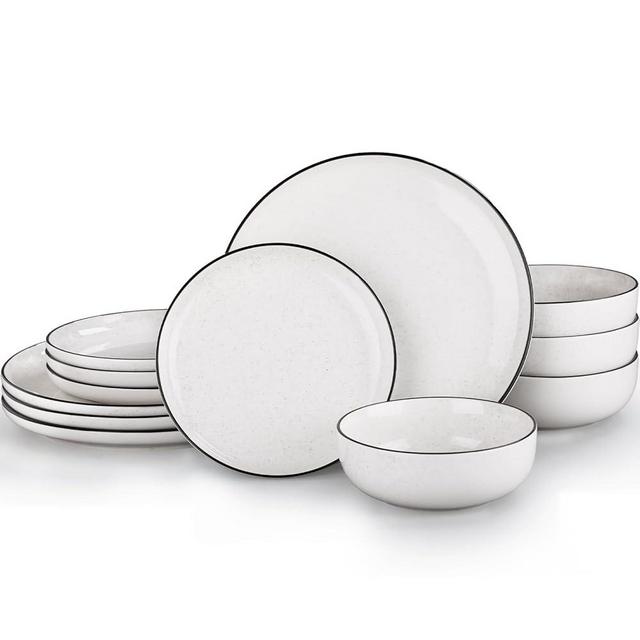 SOVEGLEE Ceramic Plates and Bowls Sets for 4,12 Pieces White Dinnerware Set for Kitchen, Modern Design Dinner Plates with Black Rim, Stoneware Dishware Sets, Microwave and Dishwasher Safe