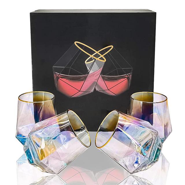 Diamond Whiskey Glasses, Set of 4 Rocks Glasses Gold Banded Cocktail Drinkware for Rum, Scotch, Bourbon or Wine Glass, Tumblers Old Fashion Elegant Glass Unique Christmas Father's Day Gifts (Rainbow)