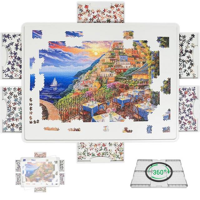 BuilderButler Rotating Puzzle Board for 1500 Pieces with 6 Sliding Drawers and Cover – 360° Lazy Susan Spinning, 34.25"x26.38" Portable Plastic Puzzle Table, Christmas Gift for Mom
