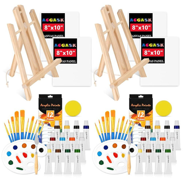 Painting Kits for Adults Kids,Acrylic Paint Canvas Easel Set,56 Pcs Sip and Paint Kit with 2 Easels,2 *12 Paints,2 *10 Brushes,Palette Etc,Art Painting Supplies for Couples Date Night Student Beginner