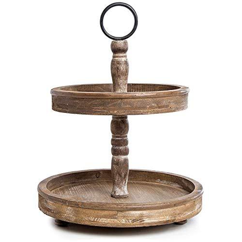 Hallops 2 Tiered Tray Stand - Two Tier Tray Wood Farmhouse, Rustic, Vintage Decor. Table Kitchen Tray Wooden with Metal Round Decorative Handle. Cake, Cupcake, Cookie, Food and Party Display
