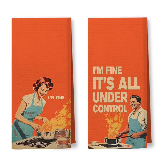 Foritho I'm Fine Funny Kitchen Towels, Funny 50s Retro Housewife Househusband Decorative Dish Tea Towels, Housewarming Gifts Hand Towel for Kitchen, 16x24 Inch Set of 2