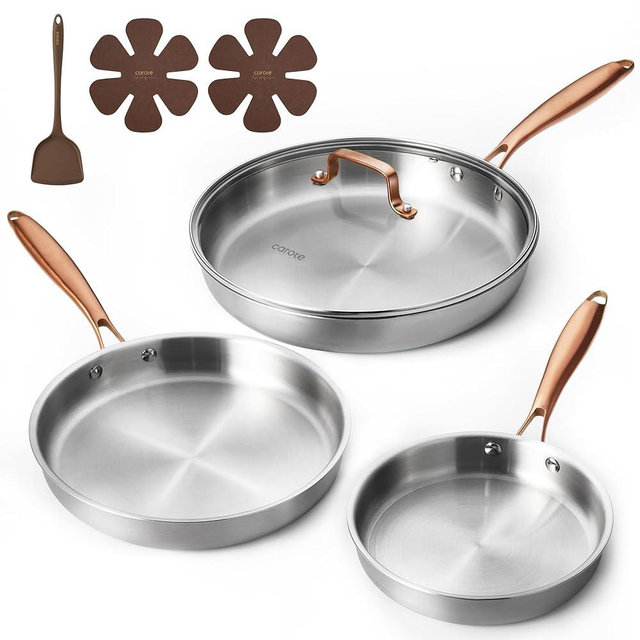CAROTE 7-Piece Tri-Ply Stainless Steel Frying Pan Set, Skillet Set 8"/10"/12", Induction Compatible, Oven & Dishwasher Safe, Gold Handle