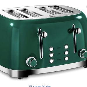 Roter Mond 4 Slice Toaster Retro Stainless Steel with Bagel Defrost Cancel Function, 6 Browning Settings, Extre Wide Slot and Removable Crumb Tray, Green, ST033