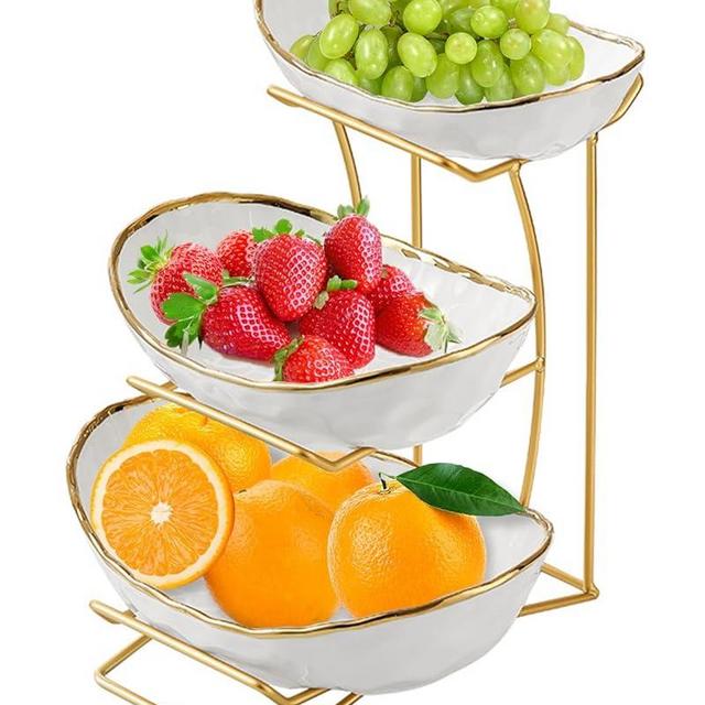 Niuirt Fruit Bowl for Kitchen Counter, 3-Tier Fruit Basket, Ceramic Fruit Bowl with Metal Stand for Fruit, Vegetable Storage, Snack, Nuts, Dessert, Cake, Stylish & Cute