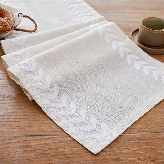 Wracra Embroidered Table Runner Irregular Willow Leaf Table Runners 72 Inches Long for Dresser Home Dining Table Decor,14 x 72 Inch, White