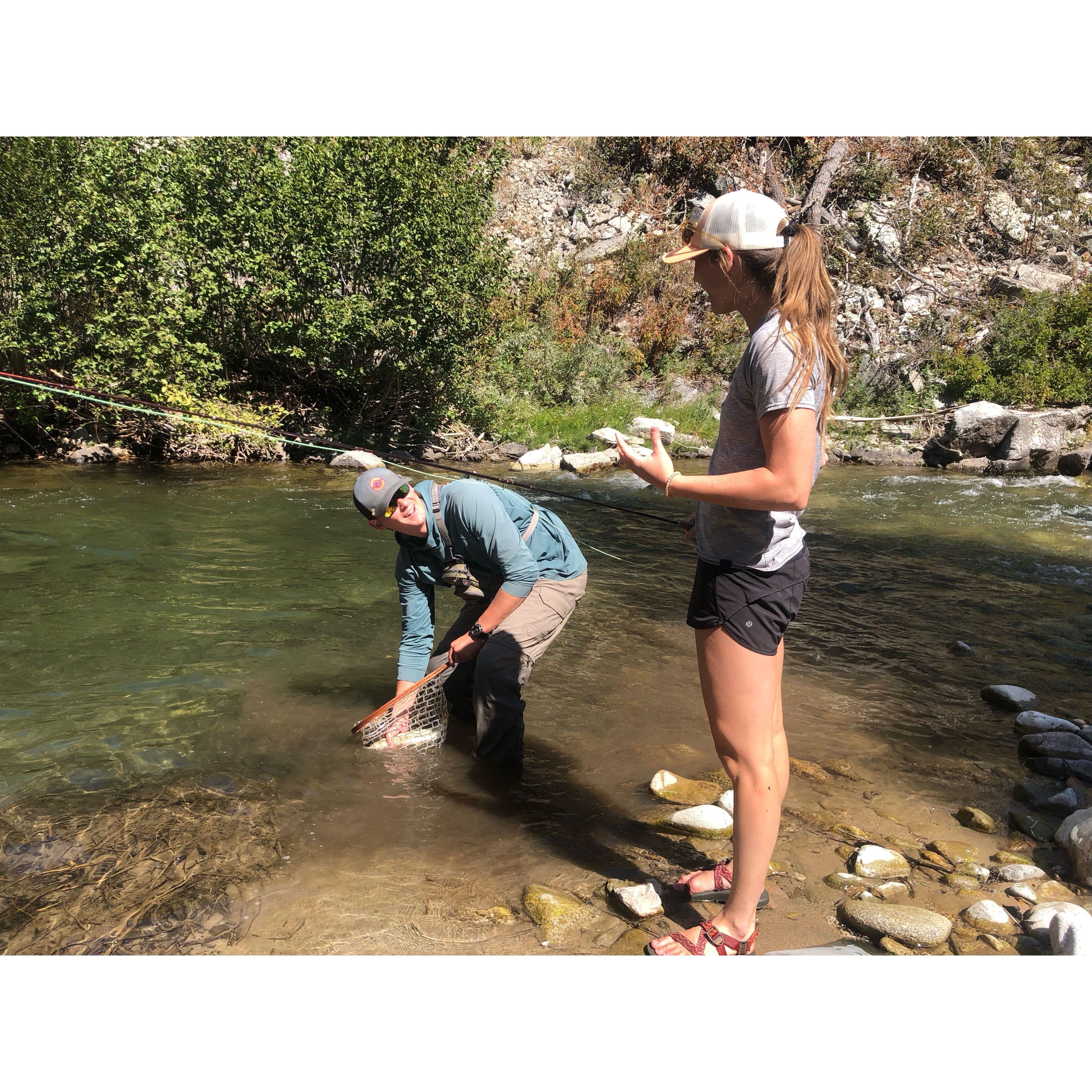 He fishes and I cheer him on. :) This is me saying "That thing's HUGE!"