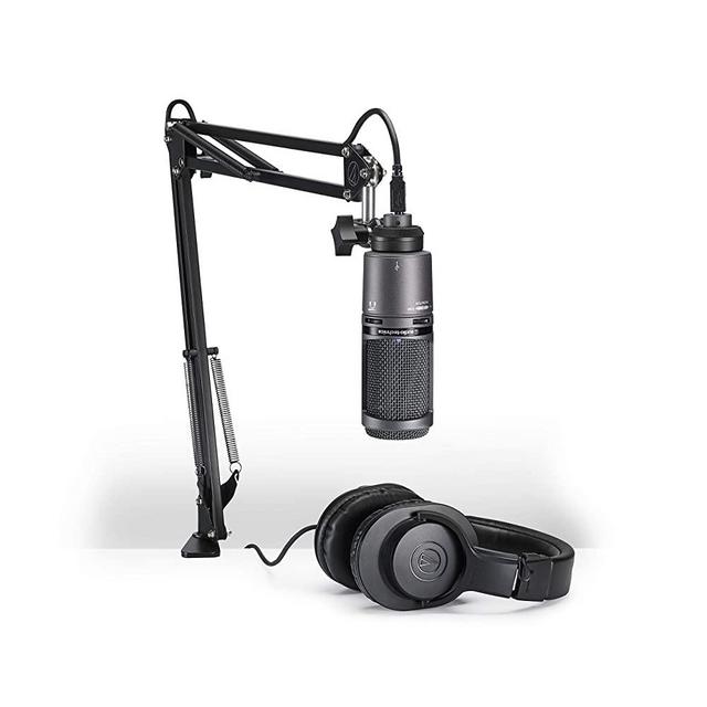 Audio-Technica AT2020USB+PK Vocal Microphone Pack for Streaming/Podcasting, Includes USB Mic w/Built-In Headphone Jack & Volume Control, Boom Arm, & Headphones