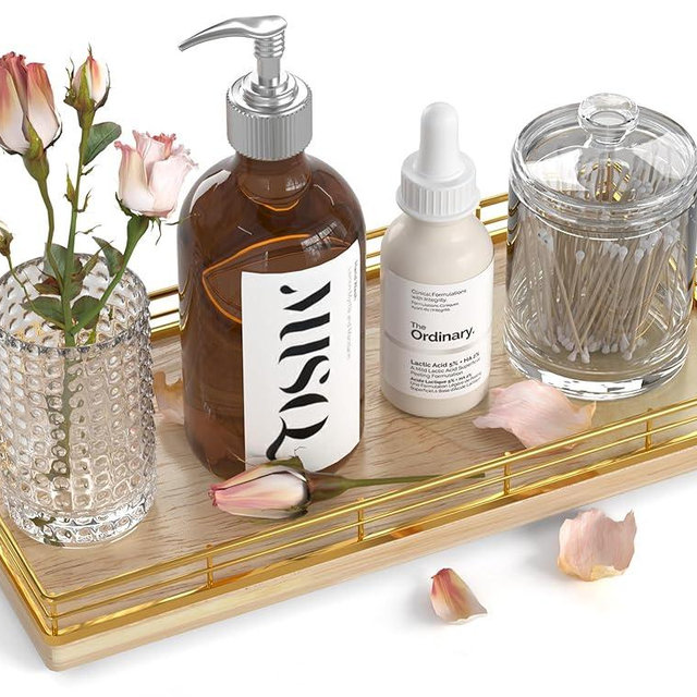 Bathroom Vanity Tray – 12" x 6" Oak Decorative Wooden Tray for Toilet Tank Organizer Wood Tray for Bathroom Countertop, Soap, Perfume & Storage, Vanity & Dresser Decor, Gold & Natural Oak