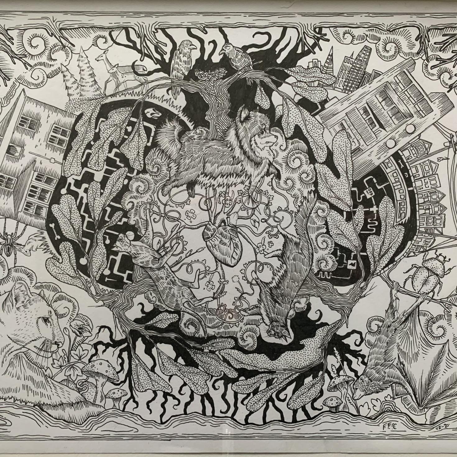 Enlarge to see how Felix Freeman-Cherry, Beth’s son and Candace’s stepson-to-be, drew our two households when he was 15.  You’ll find Figgy, Bruce, Penelope, local ecosystems, and connecting roots.