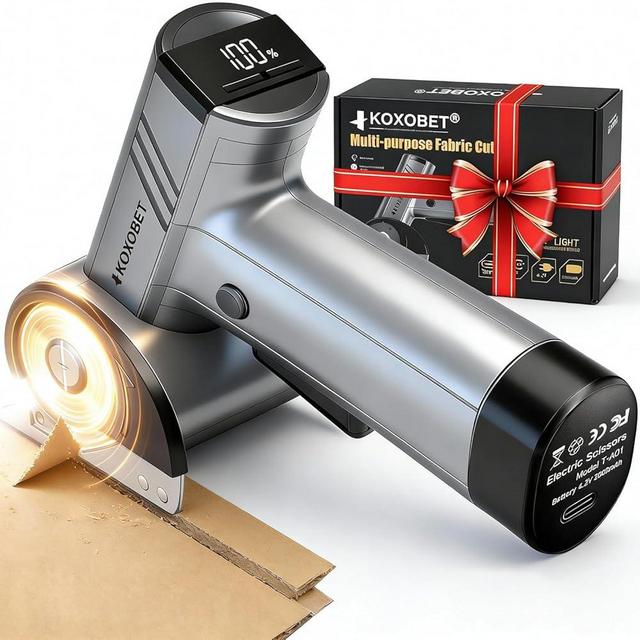 Cordless Electric Scissors: 4.2V Powerful Rechargeable Cardboard Box Cutter, with LED Display, Brushless Motor, Tungsten Steel 3 Blades, Electric Chop Saw for Fabric, Cardboard, Leather, Carpet Silver