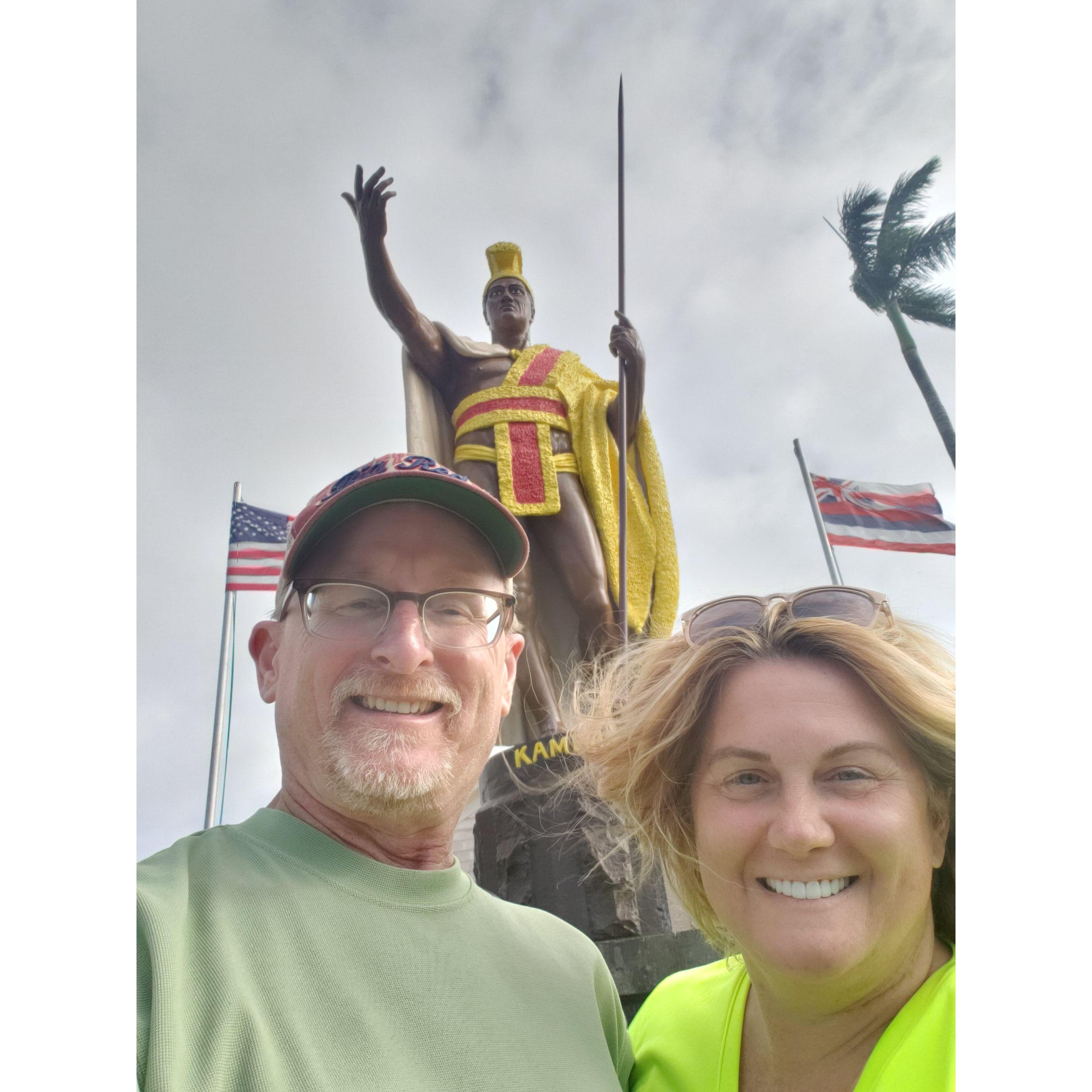 Us at the King Kamehameha statue on the big island of Hawai'i