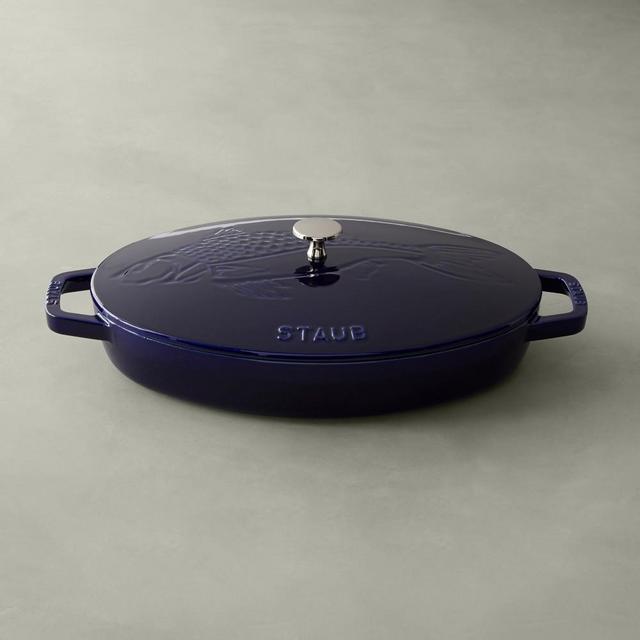 Staub Oval Gratin with Sea Bass Embossed Lid 2 1/4-Qt., Sapphire