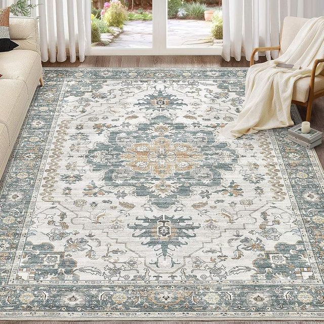 EIEIHOUSE Washable Area Rugs for Living Room -9x12 Neutral Vintage Distressed Floral Farmhouse Boho Large Soft Floor Rug Indoor Non Slip Carpet for Living Room Bedroom Dining Room Office -Green/Grey