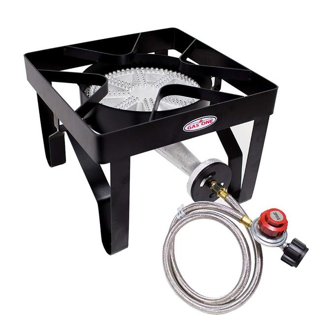 Gas ONE 200,000 BTU Square Heavy- Duty Single Burner Outdoor Stove Propane Gas Cooker with Adjustable 0-20PSI Regulator and Steel Braided Hose Perfect for Home Brewing, Turkey Fry, Maple Syrup Prep