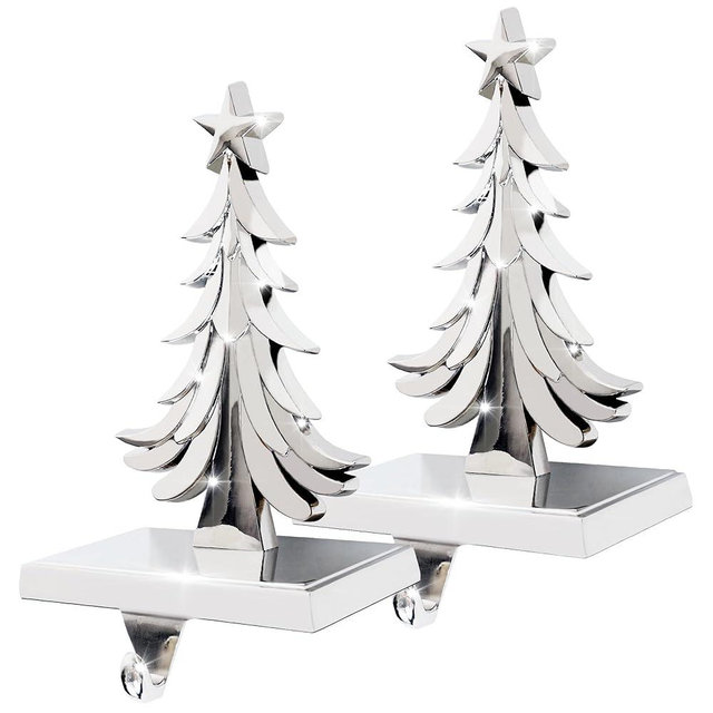 GuardWee 2 Pack Christmas Stocking Holder for Mantel, Heavy Duty Christmas Stocking Holder Non-Slip Stocking Hangers for Fireplace - Christmas Tree Shape Metal Hook Xmas Decor for Home (Silver)