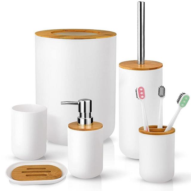 Hommtina Bamboo Bathroom Accessory Set, 6 Pcs Bathroom Essential Includes Toothbrush Cup, Toothbrush Holder, Soap Dispenser, Soap Dish, Toilet Brush with Holder, Trash Can, with 3 Toothbrushes(White)