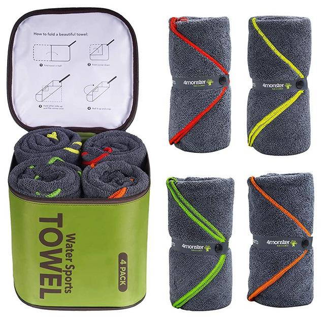 4Monster 4 Pack Microfiber Bath Towel Camping Towel Swimming Towel Sports Towel with Accessory Bag, Quick Dry & Super Absorbent for Travel Gym, Suitable for Adults Kids Family, 24 X 48 Inch