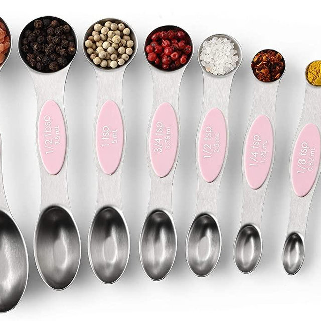 Spring Chef Magnetic Measuring Spoons Set, Dual Sided, Stainless Steel, Fits in Spice Jars, Pink Lemonade, Set of 8