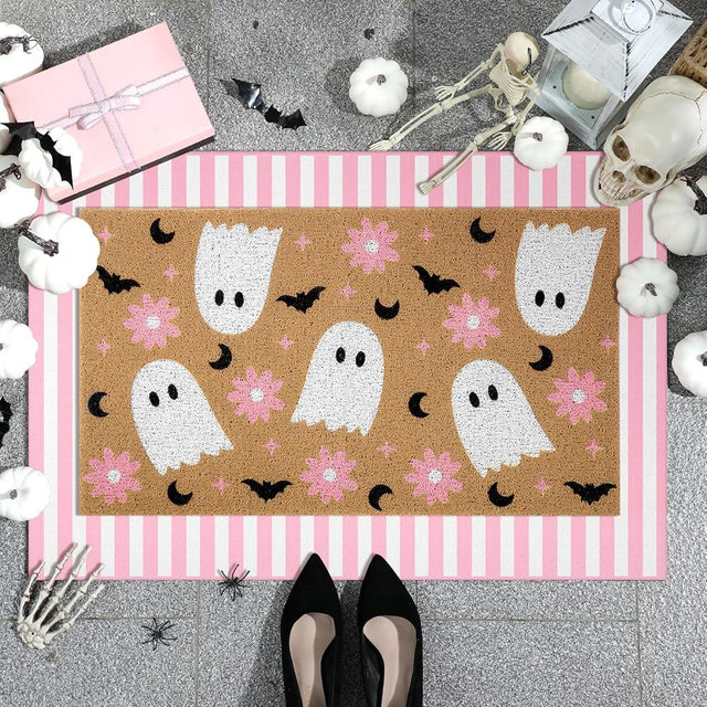 Tinideya 2 Pcs Halloween Door Mat Ghost Welcome Non Slip Coir Mats Pink Flower Cute Bat Stripe Floor Layering Doormats Seasonal for Front Porch Entryway Decor(Flower Ghost)