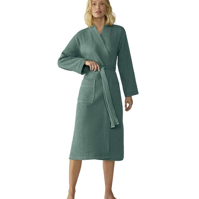 Coyuchi Unisex Organic Waffle Robe, Long Bathrobe, Cotton, Spruce, (M-L)