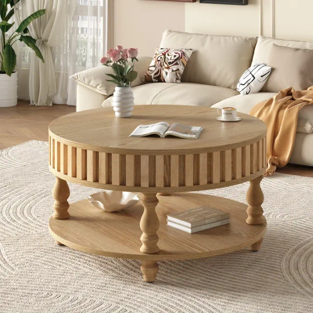 Round Coffee Table Storage Cocktail Table Center Table Sofa Side Table Fluted Accent Table with Flip-Top Lid, Natural Wood - ModernLuxe