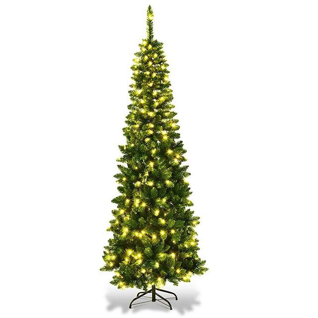 GOFLAME Pre-Lit Pencil Christmas Tree, Artificial Slim Christmas Tree with 150 LED Lights and Solid Metal Stand, Spruce Hinged Christmas Decoration Tree, Suitable for Indoor and Outdoor (6.5 FT)
