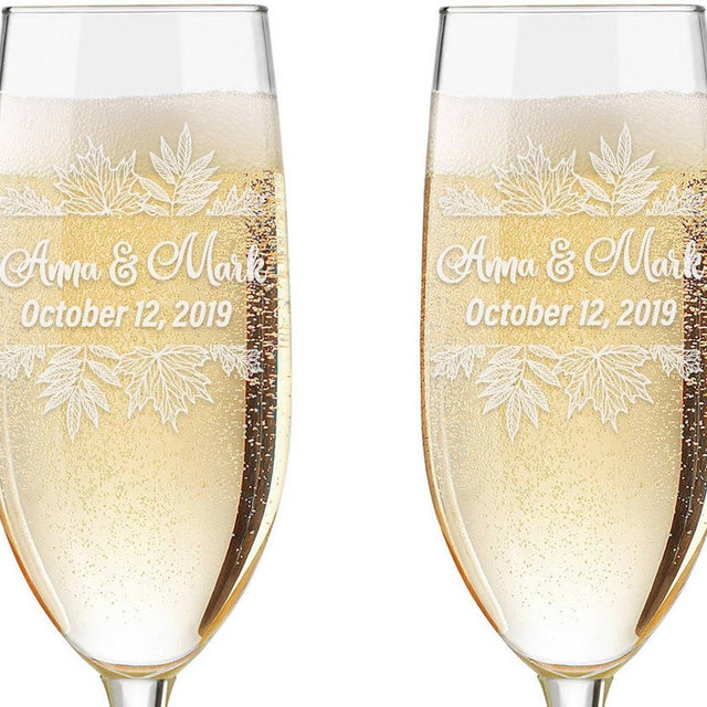 Set of 2 - Personalized Fall Leaves Toasting Glasses | Wedding Toasting Flutes, Personalized Toasting Flutes, Personalized Wedding Glasses