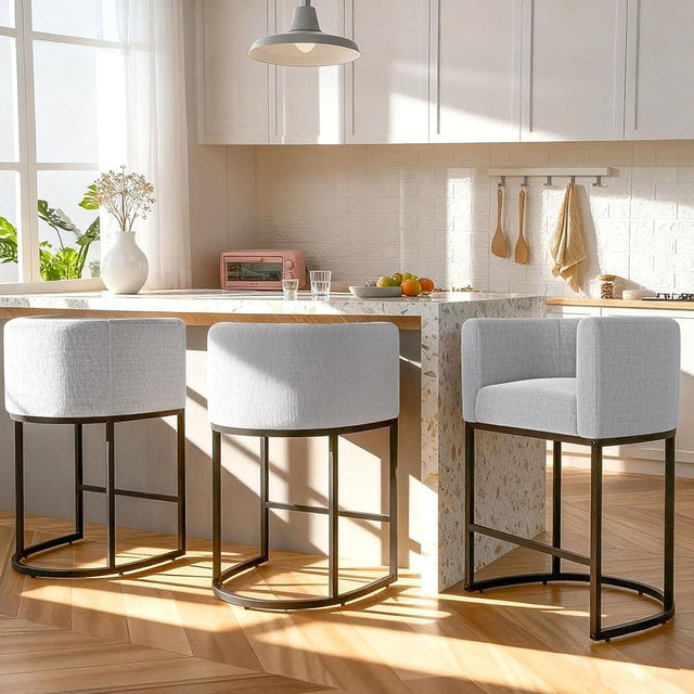 CozySpot 26" H Counter Height Bar Stools Set of 3, Modern Barrel Counter Stools with Backrest and Arms, Linen Fabric Upholstered Accent Barstools for Kitchen Island,Support 450 LBS
