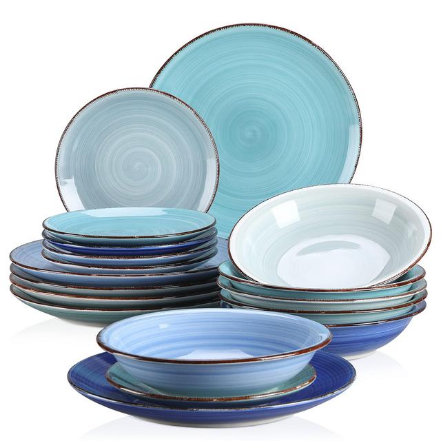 Stoneware Dinnerware Set, vancasso Bonita Blue 18-Piece Service for 6, Handpainted Spirals Pattern Ceramic Combination Set with 10.6in Dinner Plate, 8.2in Dessert Plate and 21oz Soup Bowl