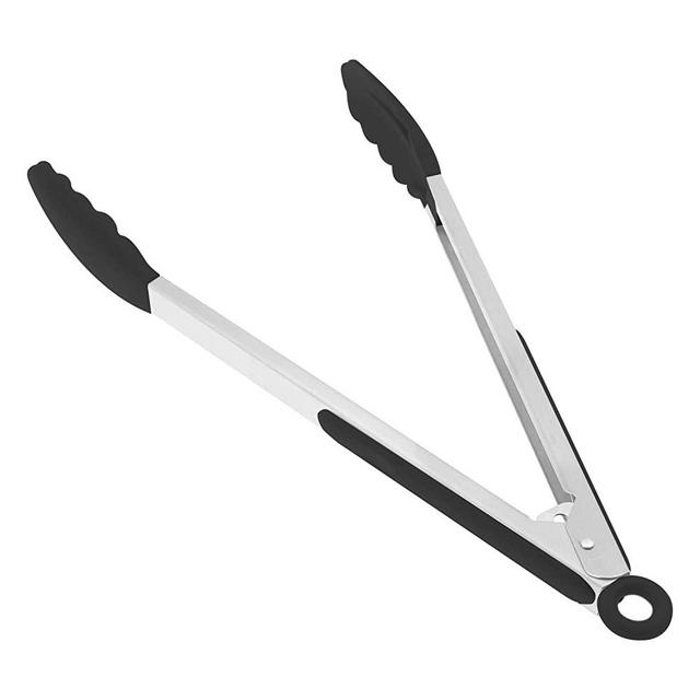 Silicone Kitchen Tongs, KUFUNG Serving Tongs for cooking, High Heat Resistant to 480°F, Stainless Steel Metal Food Tongs with Non-Stick Silicone Tips (12 inch, Black)