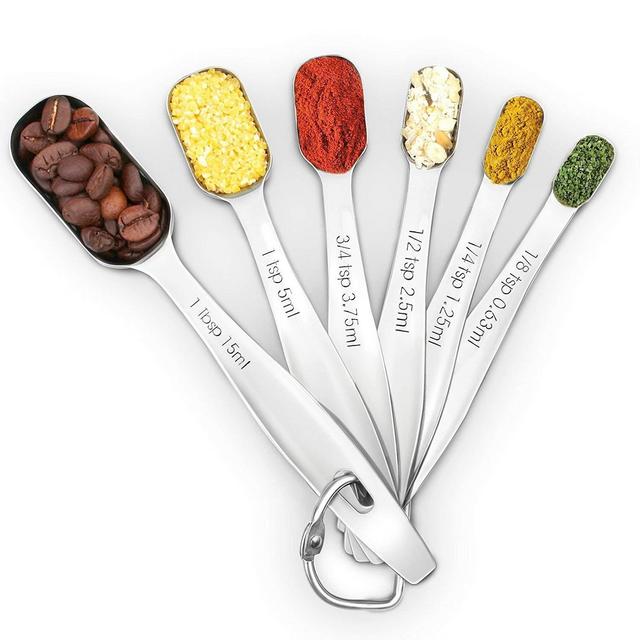 1Easylife 18/8 Stainless Steel Metal Measuring Spoons, Ergonomic Set of 6 for Dry and Liquid Ingredients, Narrow Shape Easily Fits in Spice Jars