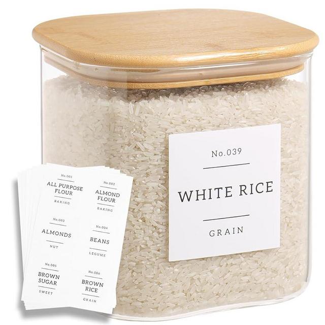 HHMJSM Large Glass Flour and Sugar Containers with 42 Kitchen Pantry Labels - 85 Oz Glass Food Storage Containers with Airtight Lids - Square Glass Jars with Bamboo Lids for Rice, Pasta, Cookies