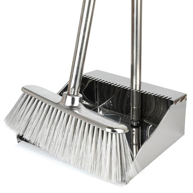Metal Dustpan with Broom Set, Long Handle Stainless Steel Dustpan,Heavy Duty Standing Dust Pan with Teeth, Indoor Outdoor Up for Home Kitchen Lobby Room Office