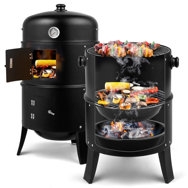 ROVSUN 18Inch Multi-Layer Charcoal BBQ Smoker Grill, Heavy Duty Round Charcoal BBQ Grill for Outdoor Vertical Steel Charcoal Smoking Grill