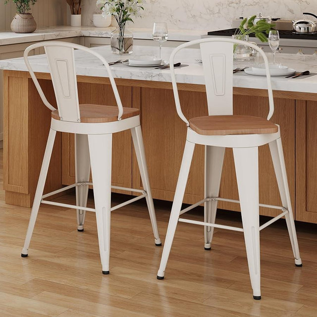 Aklaus Swivel Metal Bar Stools 30 inch Swivel Bar Height Barstools Set of 2 Modern Farmhouse Bar Chairs with High Backs and Large Wooden Seat for Kitchen Island Dining Room Cream White