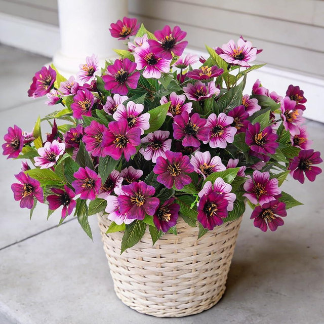 Hrobek Fake Artificial Flowers for Outdoors Decoration,4 Bundles Silk Faux Spring Flowers with Plants Leave UV Resistant for Planter Front Door Porch Yard Patio Window Box Home Indoor Decor