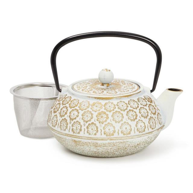 Juvale White Cast Iron Floral Teapot Kettle with Stainless Steel Infuser Set, Japanese Tea Pot for Kitchen Pantry, 34 oz