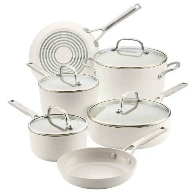 KitchenAid 10pc Hard-Anodized Ceramic Induction Cookware Set Porcelain White