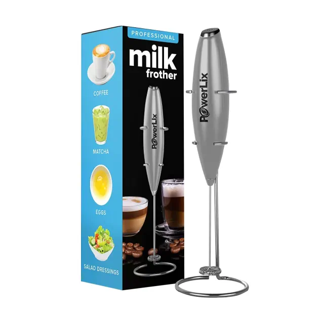 PowerLix Milk Frother Handheld Battery Operated Electric Whisk Foam Maker For Coffee With Stainless Steel Stand Included - Titanium Silver