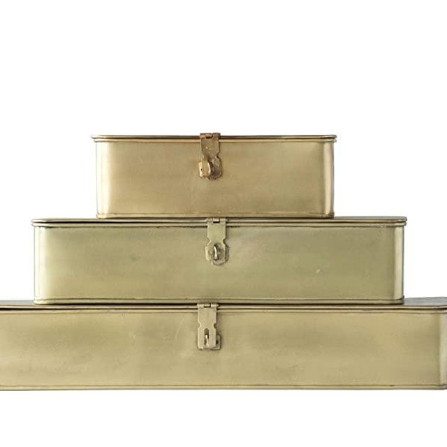 Creative Co-Op Decorative Metal Boxes with Gold Finish (Set of 3 Sizes)