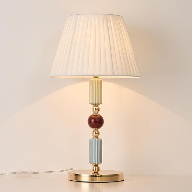 FALINNEAD White Fabric Shade Table Lamp Modern Metal Desk Lamp with Plug Cord Switch for Bedroom Bedside