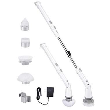 Homitt Electric Spin Scrubber with Rechargeable Battery 2019 Version, 360 Power Tile Scrubber with 4 Multi-Purpose Replaceable Shower Scrubber Brush Heads, 1 Extension Arm for Bathroom, Tub, Floor