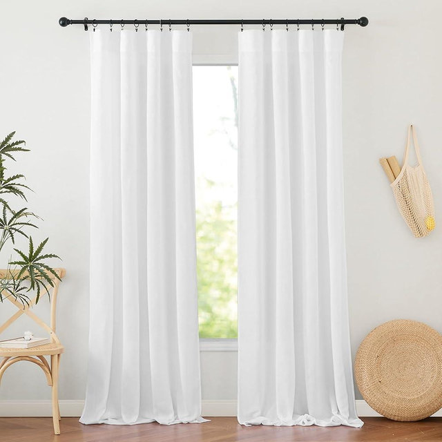 RYB HOME White Semi Sheer Curtains 84 inches Long - Linen Textured Privacy Light Filtering Boho Farmhouse Window Drapes for Living Room, Bedroom, Dining, W 52" x L 84", 2 Panels