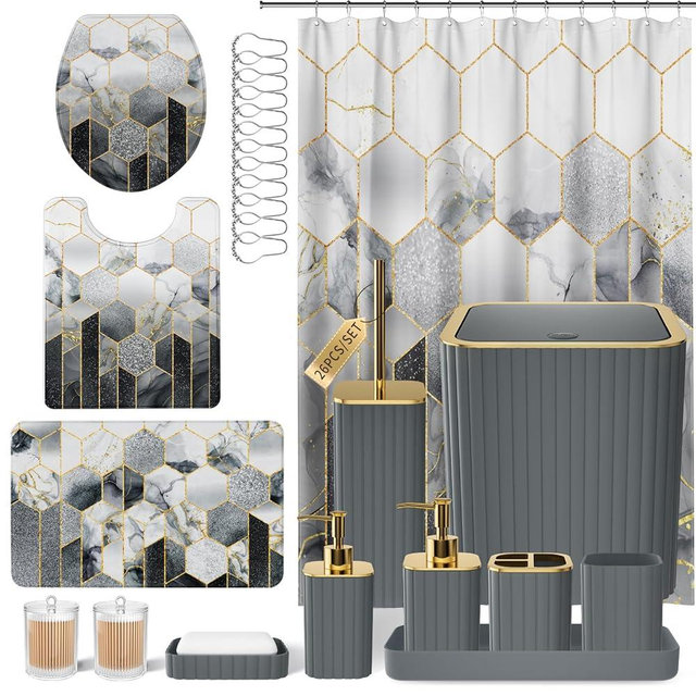 XLHOMO Bathroom Set - 26PC Bathroom Set with Shower Curtain and Rugs, Bathroom Accessory Set, Grey Bathroom Accessories Set, Trash Can & Soap Dispenser