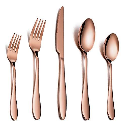 Silverware Set Copper Color Service for 4, E-far 20 Piece Brass Gold Stainless Steel Flatware Cutlery Set, Perfect for Wedding/Party/Restaurant/Hotel, Mirror Polished & Dishwasher Safe