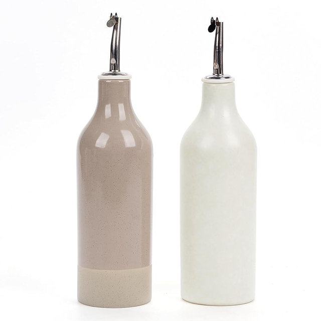 famiware Milkyway 16oz Ceramic Olive Oil Dispenser Bottle, Olive Oil and Vinegar Dispenser Bottle Set of 2 with Stainless Steel Pourers, Storage Vinegar, Soy Sauce, Matte Beige White & Cinnamon Brown