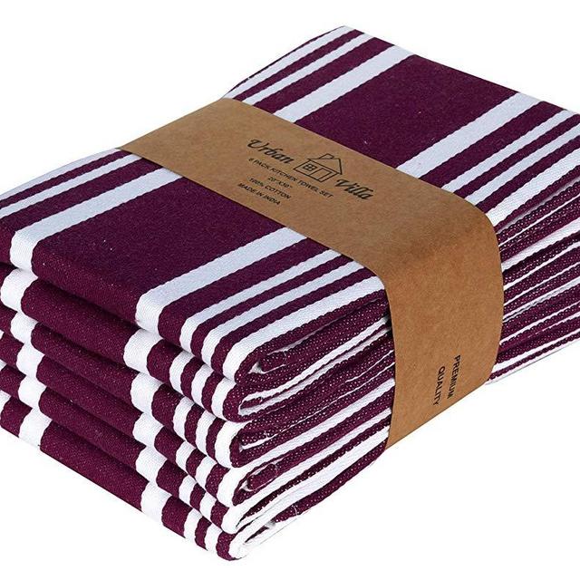 Urban Villa Kitchen Towels, Trendy Stripes,100% Cotton Dish Towels,Mitered Corners, (Size: 20X30 Inch), Wine/White Highly Absorbent Bar Towels & Tea Towels - (Set of 6)